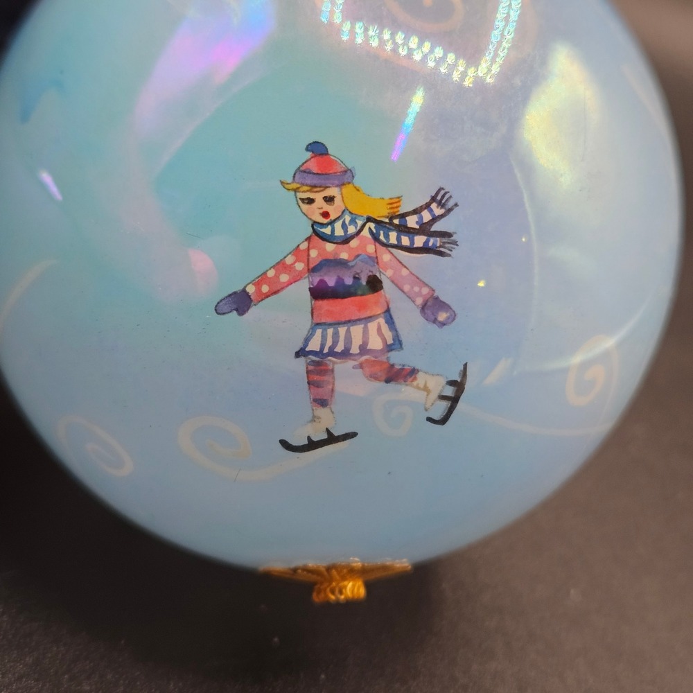 Vintage 2002 Pier 1 Hand Painted Glass Ice Skating Ornament Li Bien Style Blue - Picture 3 of 10